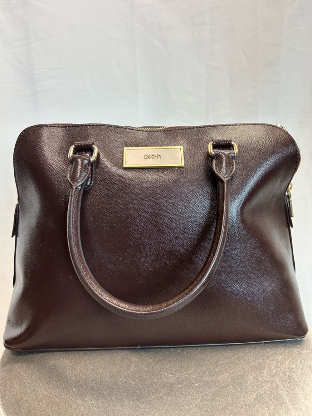 DKNY deep burgundy brown crosshatched leather satchel DKNY plaque